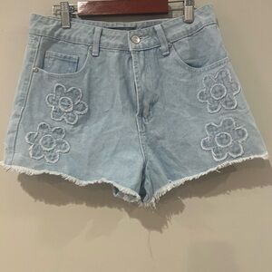 Light Blue Floral Embroidered Women's Shorts